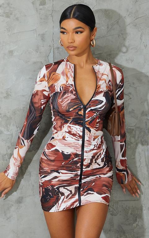 Chocolate Abstract Print Slinky Ruched Zip Through Bodycon Dress