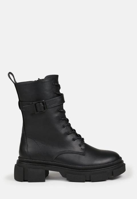 Black Buckle Strap Lace Up Chunky Sole Ankle Boots, Black