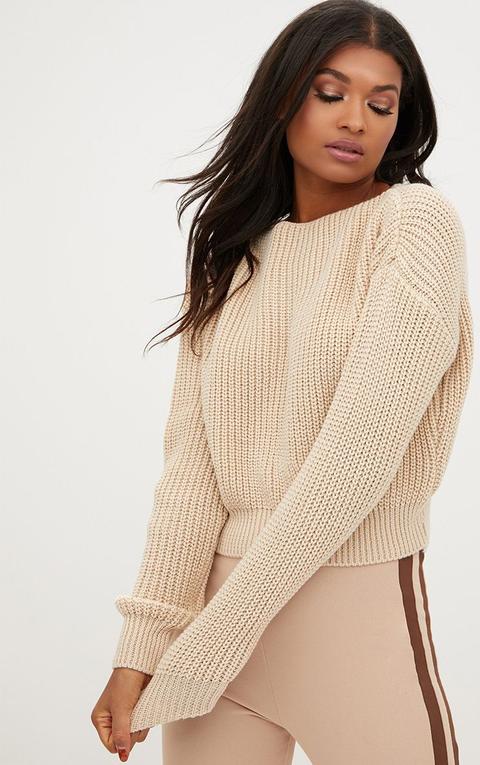 Stone Knitted Slash Neck Crop Jumper