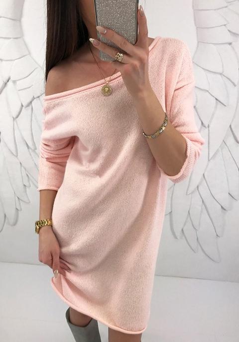Abito Midi Scollo A Barchetta Manica Lunga Moda Rosa