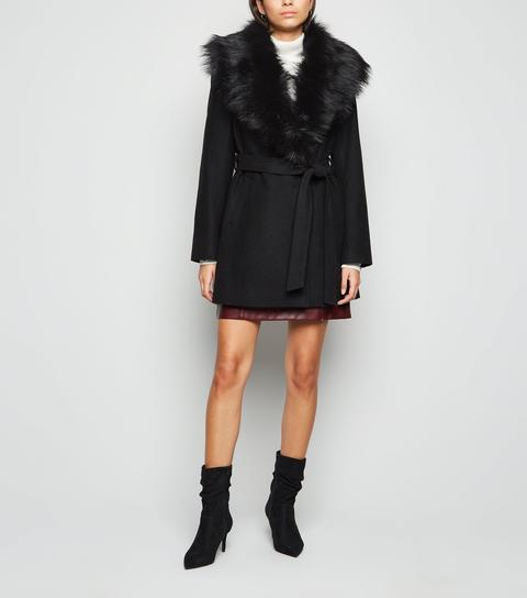 Black Faux Fur Collar Belted Long Coat New Look