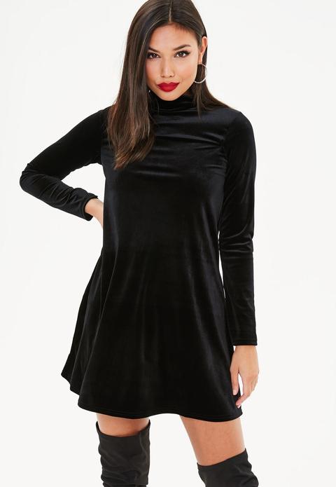 Black High Neck Velvet Swing Dress, Black