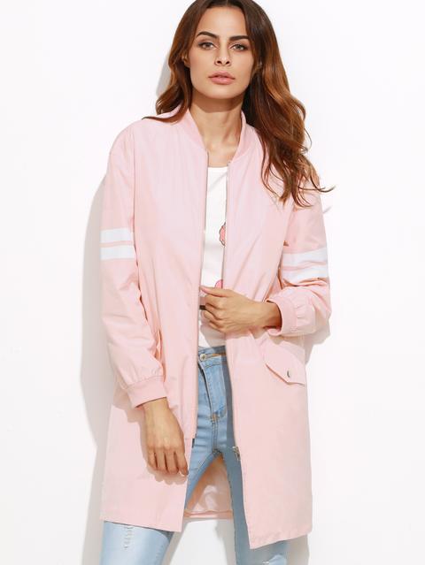 Pink Varsity Striped Sleeve Zip Up Bomber Coat