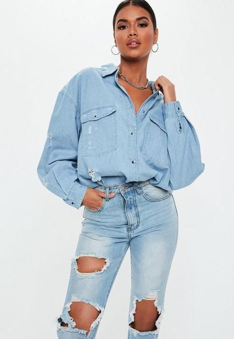 Blue Oversized Distressed Denim Shirt, Light Blue