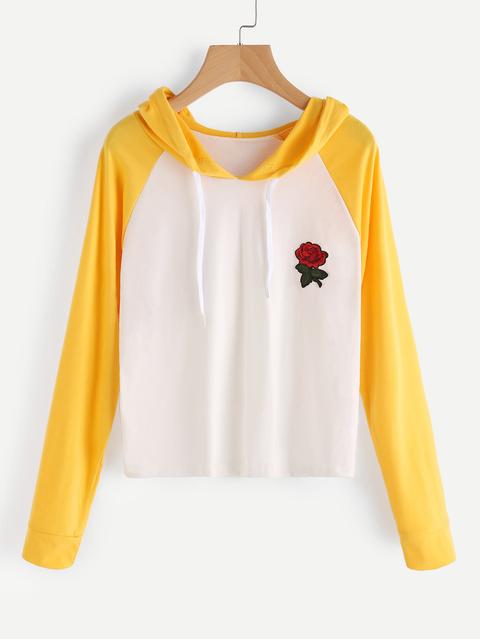 Felpa Con Cappuccio Con Toppa Di Rosa E Maniche Raglan