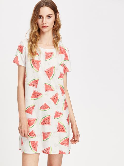 Allover Watermelon Print Frayed Dot Tee Dress