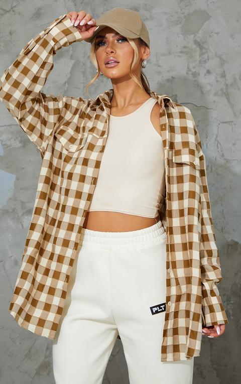 Beige Check Oversized Long Sleeve Shirt