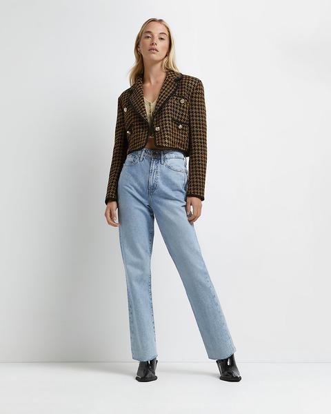 Brown Dogtooth Boucle Cropped Blazer