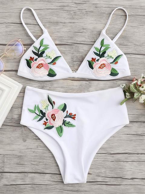 Set De Bikini Bordado De Flor