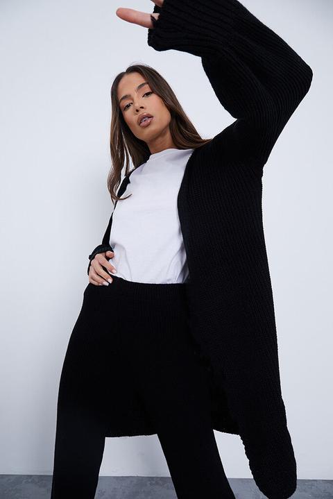 Black Balloon Sleeve Knitted Cardigan , Black