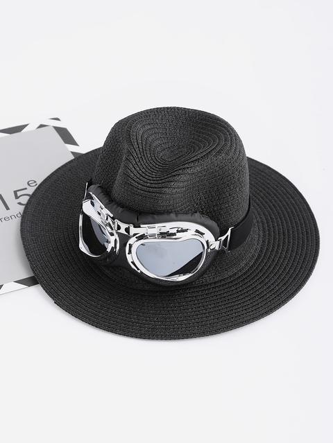 Sombrero Fedora De Paja Con Adornos De Gafas De Piloto