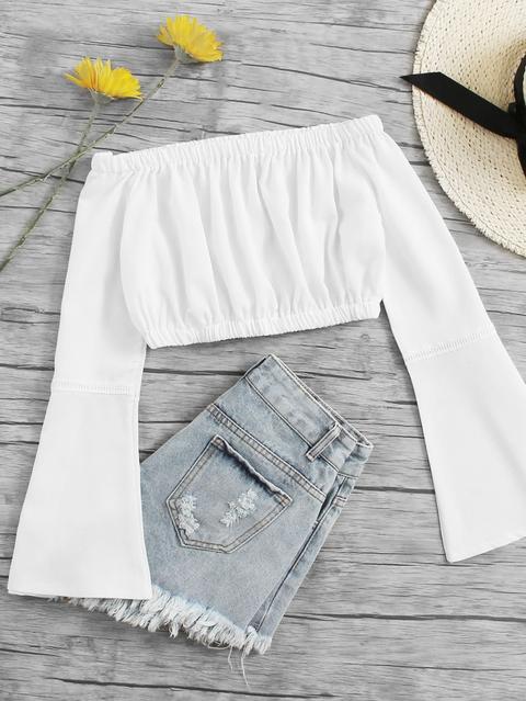 Off Shoulder Fluted Sleeve Crop Top