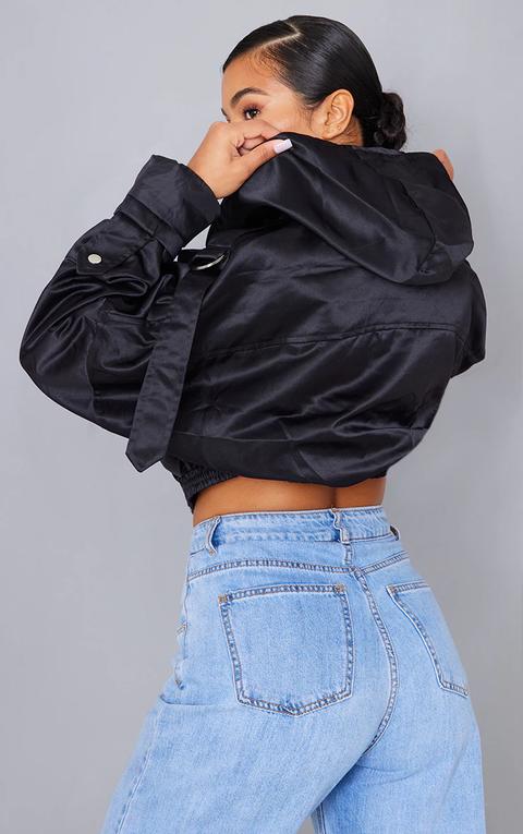 Black Satin Oversized Hooded Utility Bomber Jacket