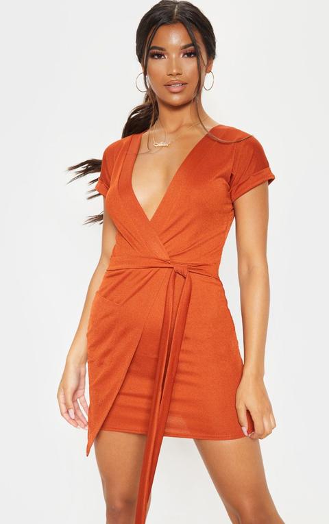 Rust Tie Waist Pocket Front Wrap Utility Dress, Orange