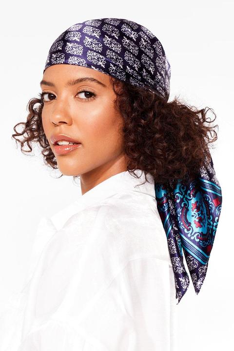 Foulard De Tête En Satin À Motifs - Bleu Marine - One Size, Bleu Marine