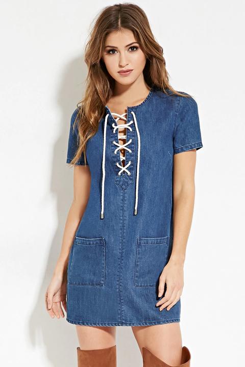 Lace-up Denim Shift Dress