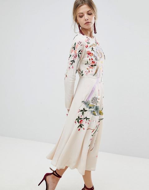 Vestido Midi Con Bonito Bordado De Flores Y Pájaros De Asos