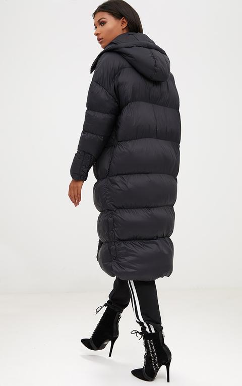 Black Oversized Longline Puffer Jacket With Hood