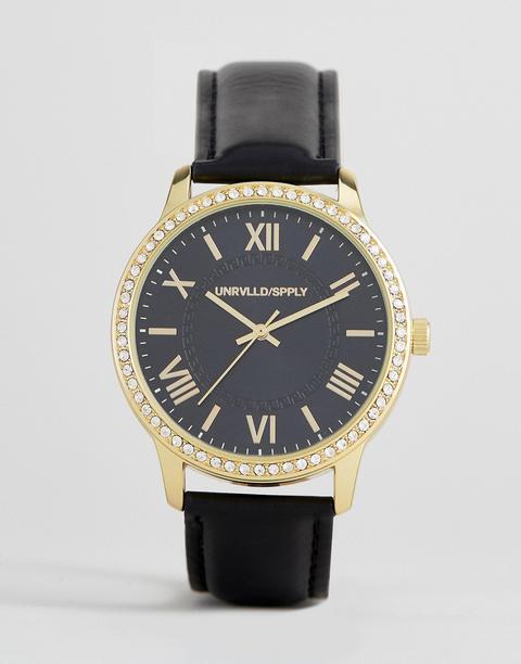 Asos Design Plus - Orologio Nero E Oro Con Cristalli E Numeri Romani - Nero