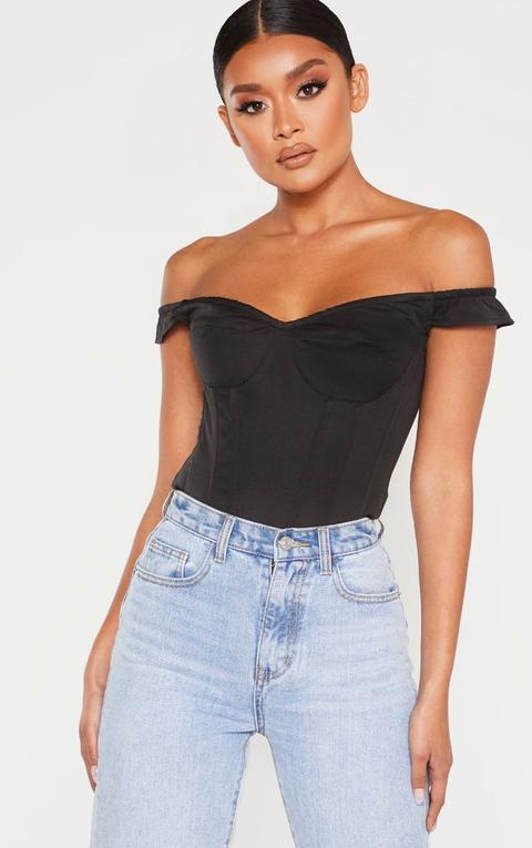 Black Woven Frill Shoulder Corset Top