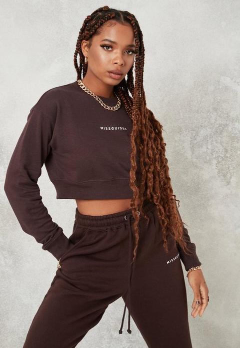 Chocolate Missguided Rib Hem Cropped Sweatshirt, Brown