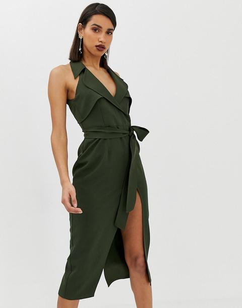 Vestido Midi Estilo Gabardina De Crepé Suave Con Cinturón De Asos Design-verde