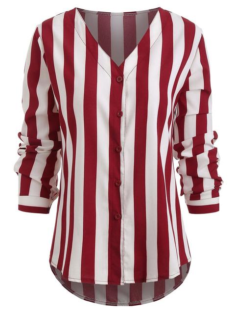 V Neck Button Up Striped Print Shirt