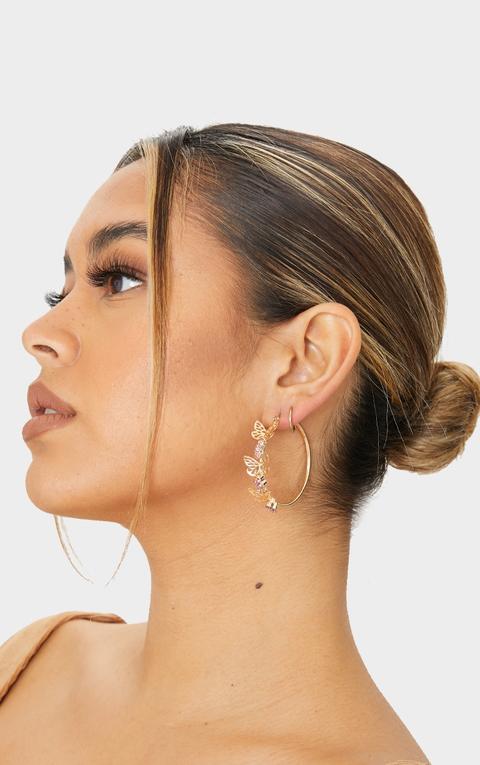 Gold With Pink Diamante Butterfly Hoop Earrings