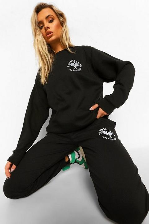 Womens Jumper Tracksuit With Tennis Print - Black - S, Black