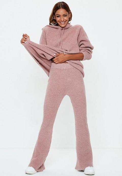 Pink High Rise Chunky Ribbed Knitted Flare Trousers, Pink