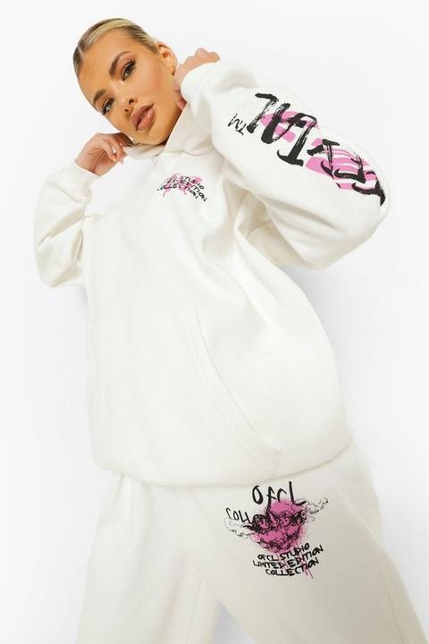 Womens Oversized Graffiti Print Tracksuit - Cream - L, Cream