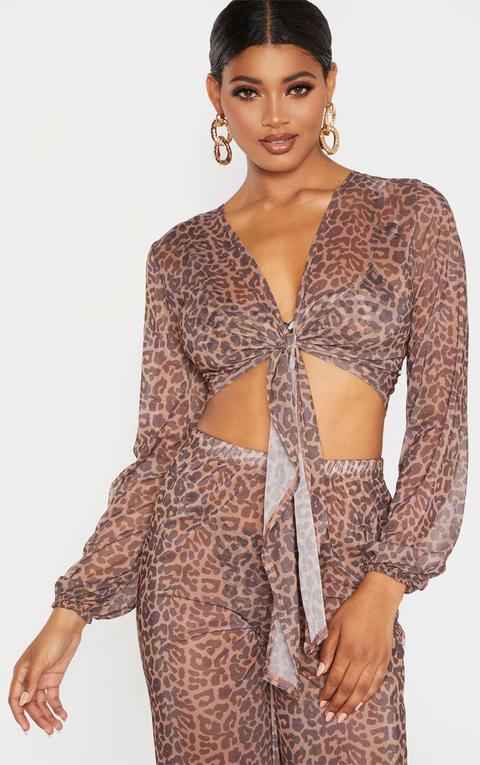 Tall Brown Leopard Print Sheer Tie Front Top, Brown