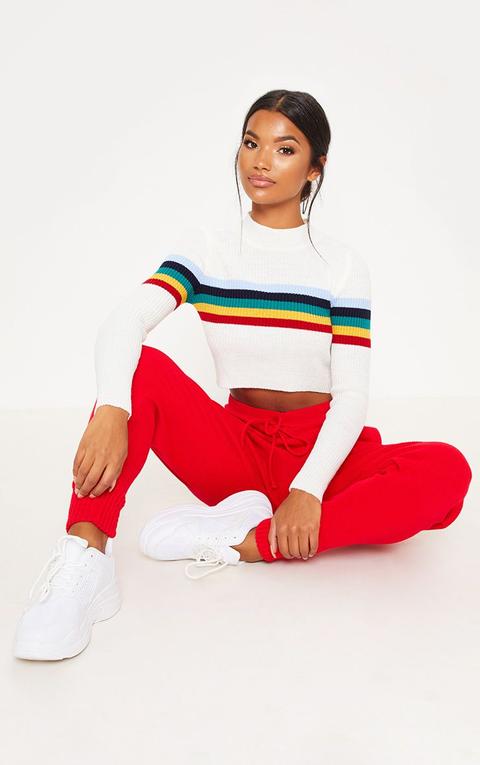 Cream Striped Long Sleeve Crop Top