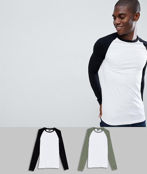 Asos Design - Confezione Multipla Da 2 T-shirt Attillate Con Maniche Raglan Lunghe A Contrasto - Risparmia - Multicolore
