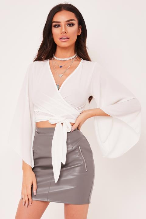 Christie White Tie Front Bell Sleeve Crop Top