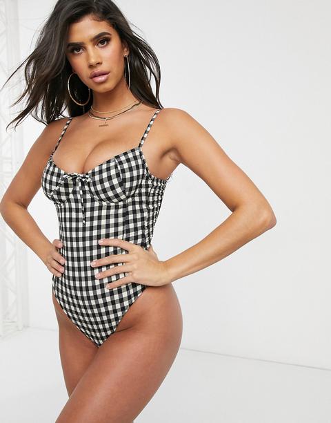 Asos Design Underwire Channelled Swimsuit In Mono Gingham-multi