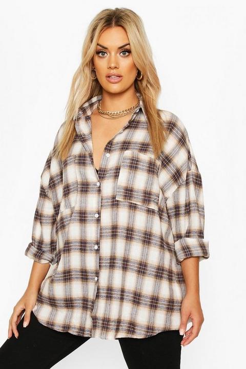 Womens Plus Brushed Check Oversized Boyfriend Shirt - Navy - 22, Navy