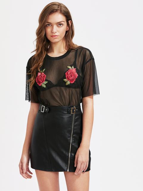 Top A Rete Con Applique Di Rosa Ricamata ,con Spalle Scivolate