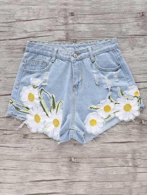 Embroidered Daisy Denim Shorts