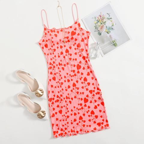 Heart Print Lettuce Edge Dress