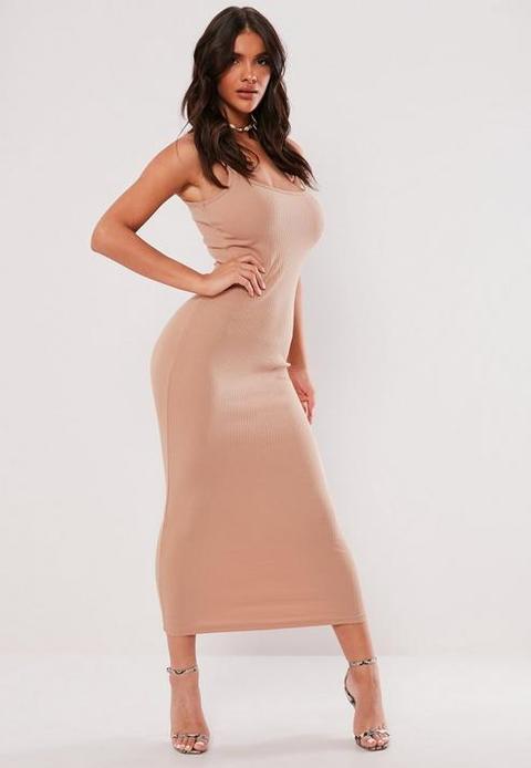 Nude Ribbed Strappy Bodycon Midi Dress, Nude