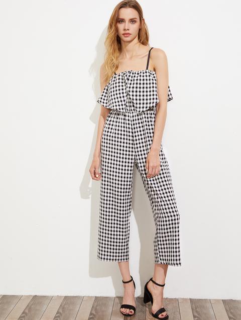 Gingham Layered Frill Trim Cami Jumpsuit