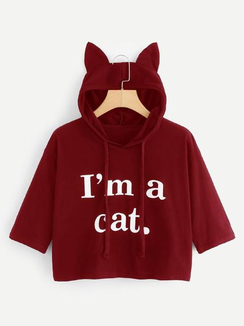 Slogan Stampa Crop Hooded Tee