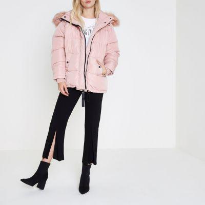 pink puffer jacket with fur hood