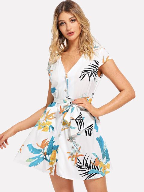 Vestido Con Estampado Tropical Escote V