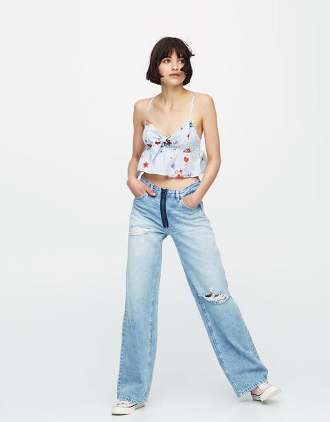 Top Crop Nudo Estampado Rayas Y Flores