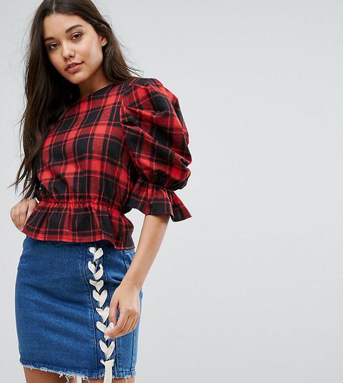 Missguided - Top Scozzese Con Maniche Ultra Ampie - Rosso