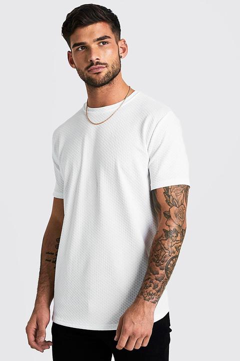 T-shirt À Manches Courtes Gauffrées Et Ourlet Arrondi Homme - Blanc - L, Blanc
