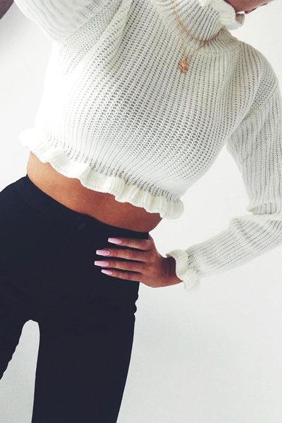 White Ruffle Hem Chunky Knit Crop Jumper - Alannah