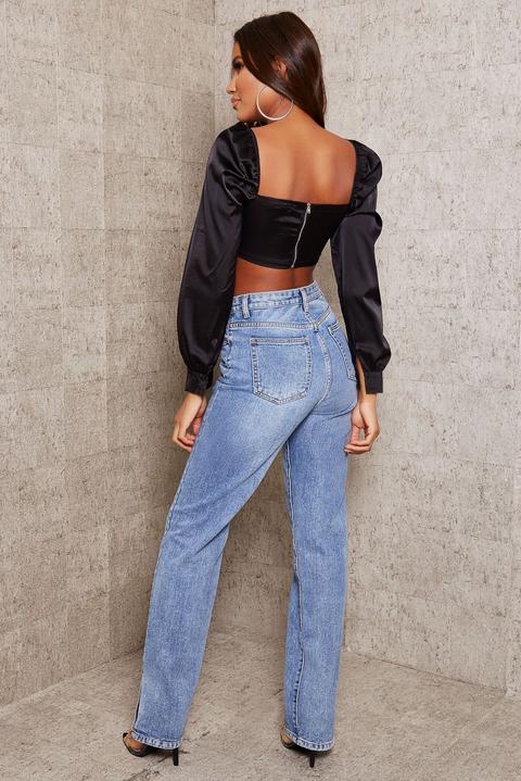Black Satin Puff Sleeve Button Detail Crop Top